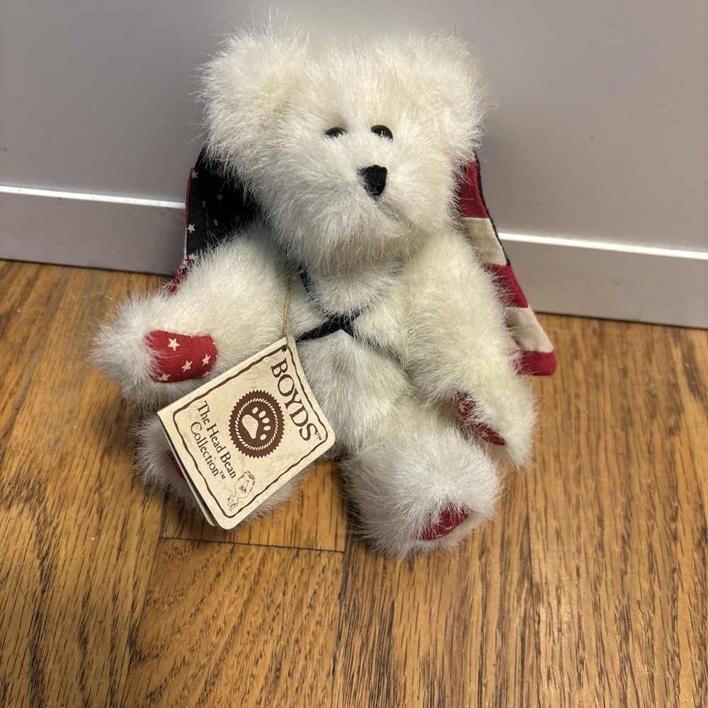 Boyds Bears Plush Teddy‎ Bear Small White NEW Patriotic American Flag Cape Stars